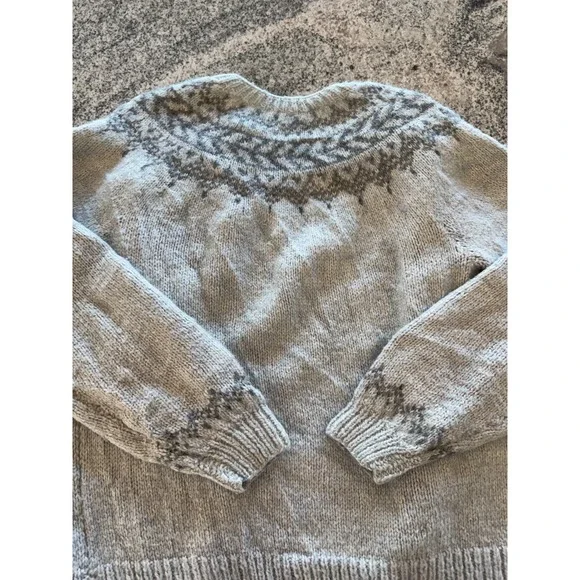 Vintage Hand Knit Cardigan Sweater Womens Gray Fair Isle Nordic Crewneck Retro - Picture 5 of 12